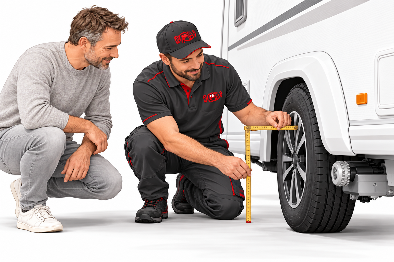 Illustration: Mechaniker mit Mover-Installieren.de-Logo misst mit einem Zollstock am Wohnwagenrad, der Kunde schaut zu.